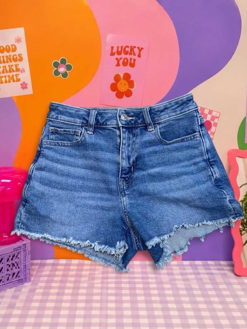 American Eagle High Rise Stretch Frayed Hem Denim Shorts Size 0